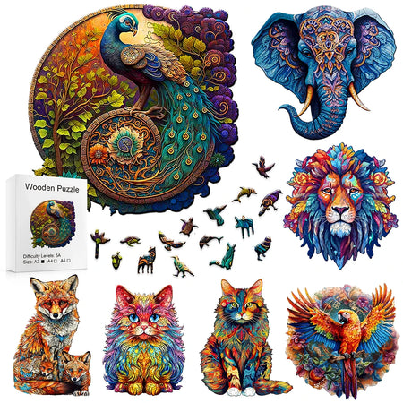 Wooden Jigsaw Puzzle - Colored Cat &amp; Peacock Design - Creative Intelligence Toy for Adults and Kids 14+