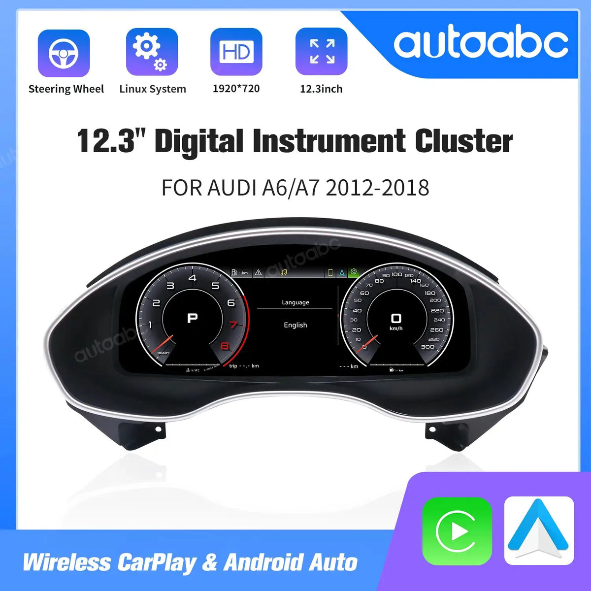 AUTOABC 12.3"LCD Digital Dashboard Cluster Wireless CarPlay Android Auto FOR Audi A6/A7 2012-2018year Support Steering wheel UI by InterCyprus Trading Ltd