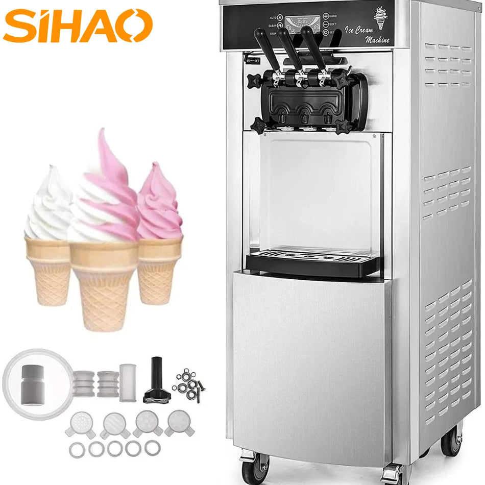 Automatisk bänkmodell kommersiell mjukglassmaskin i rostfritt stål 3 smaker 1200W 5 gallon per timme 220V