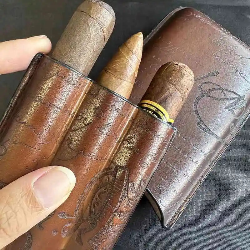 Custodia portatile in pelle per sigari, triplo tubo, umidificatore marrone