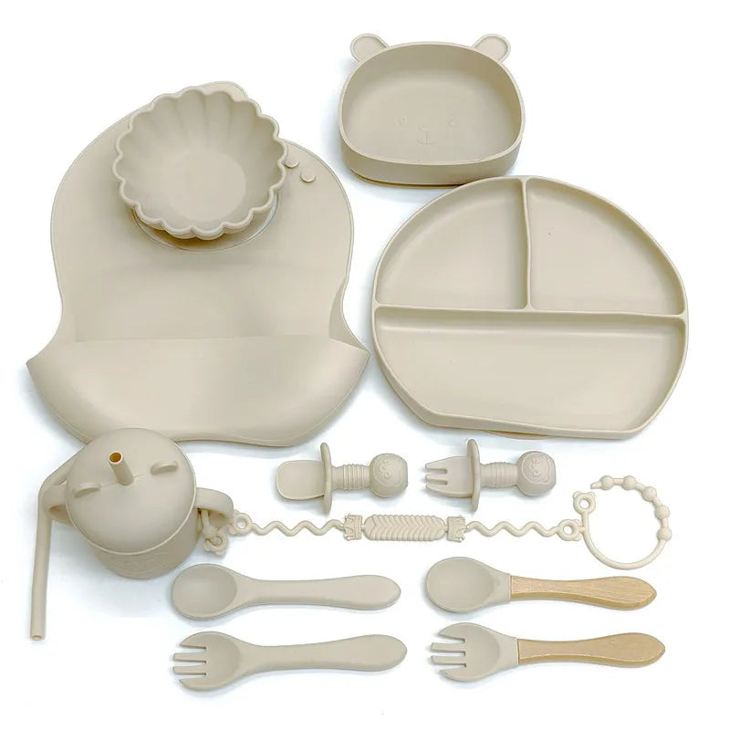 CZSAE Children's Silicone Tableware Set &ndash; Safe and Drop-Proof Design Beige