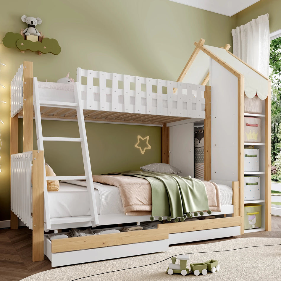 Våningssäng 90x200 140x200 Med Lådor Stege Vit Naturlig