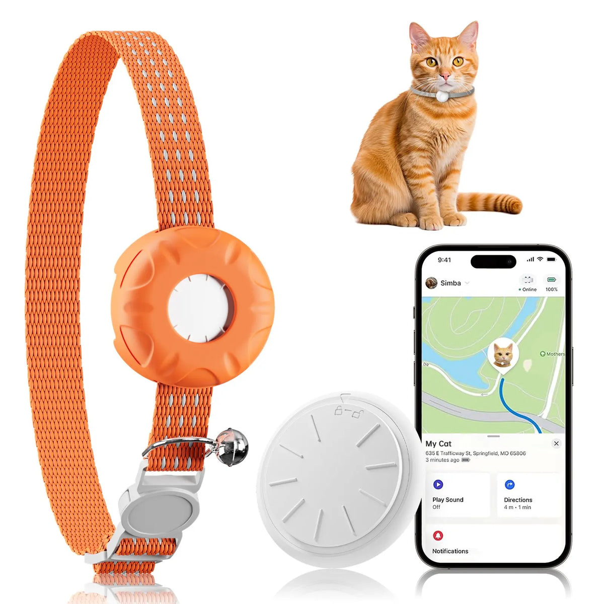 Cat Chain Tracker &ndash; Real-Time GPS Tracking No Fee Waterproof Cat-Chain-Orange