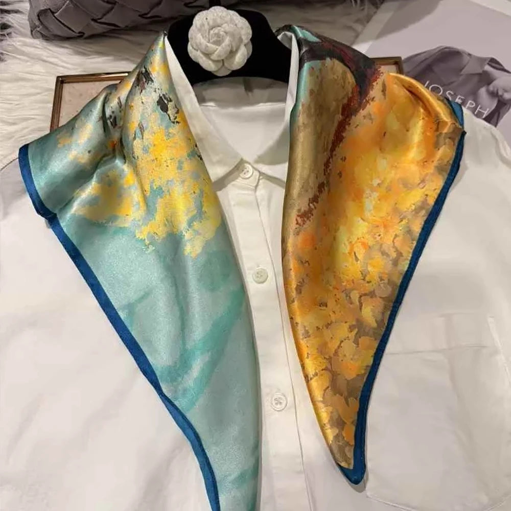 Green Women 100% Mulberry Silk Scarf &ndash; Elegant Floral Design for Versatile Styling sky blue yellow