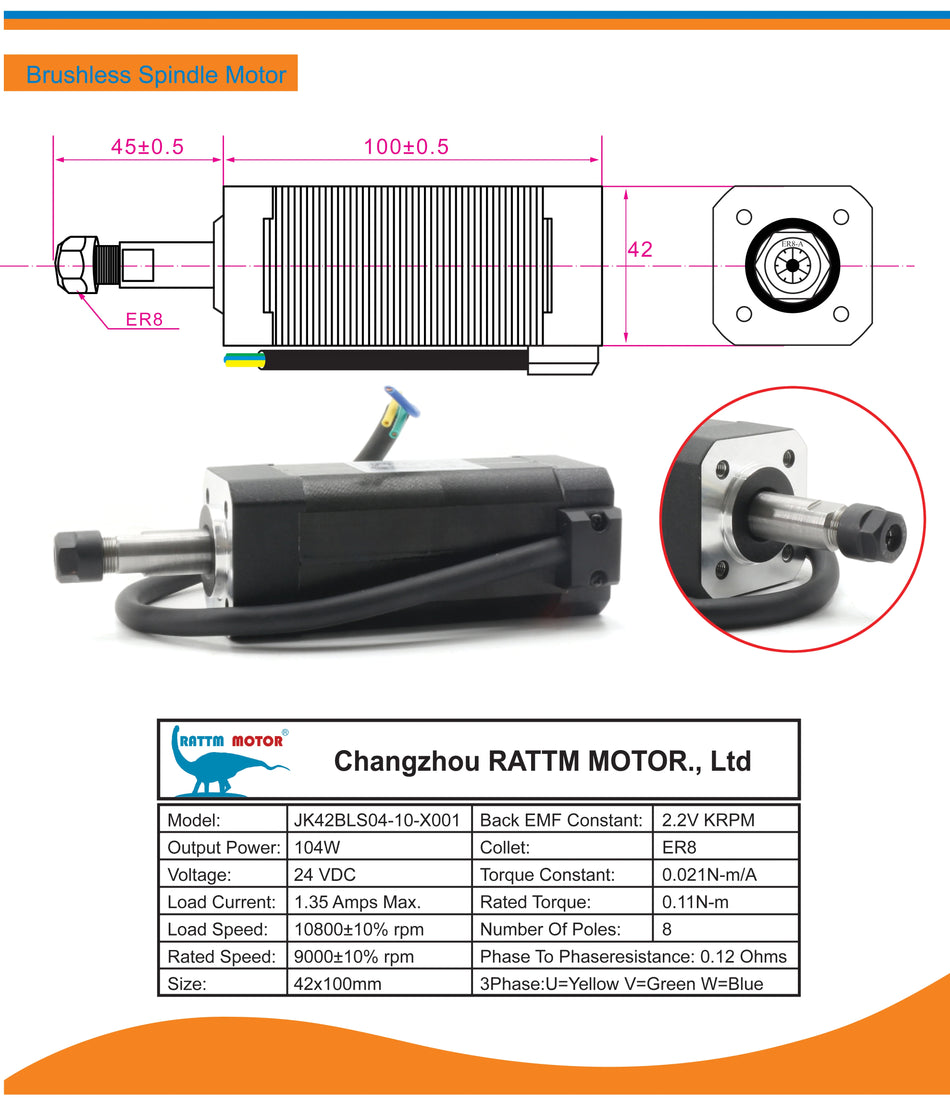 104W ER8 bezszczotkowy zestaw wrzeciona CNC z napędem DBD200 24V i zaciskiem wrzeciona