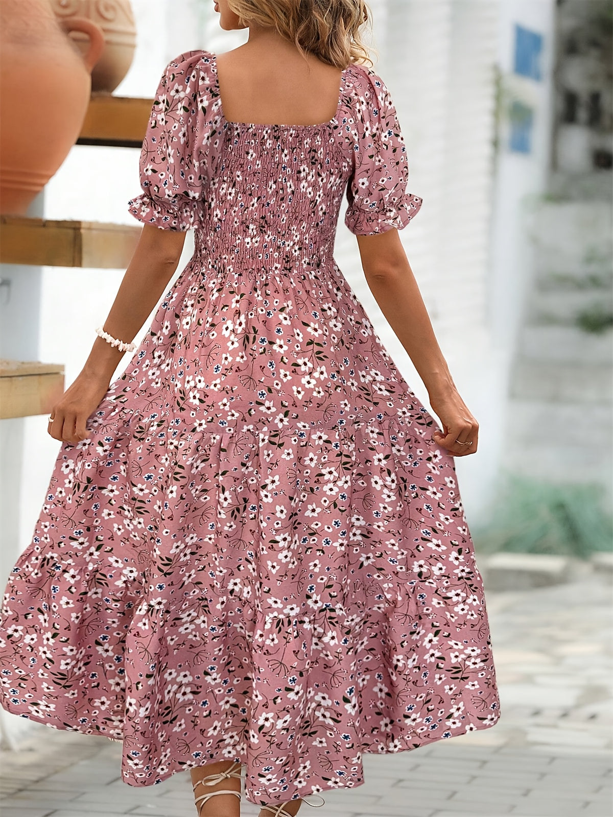 Elegant Floral Print Midi Dress with Ruffle Sleeves and Square Neck