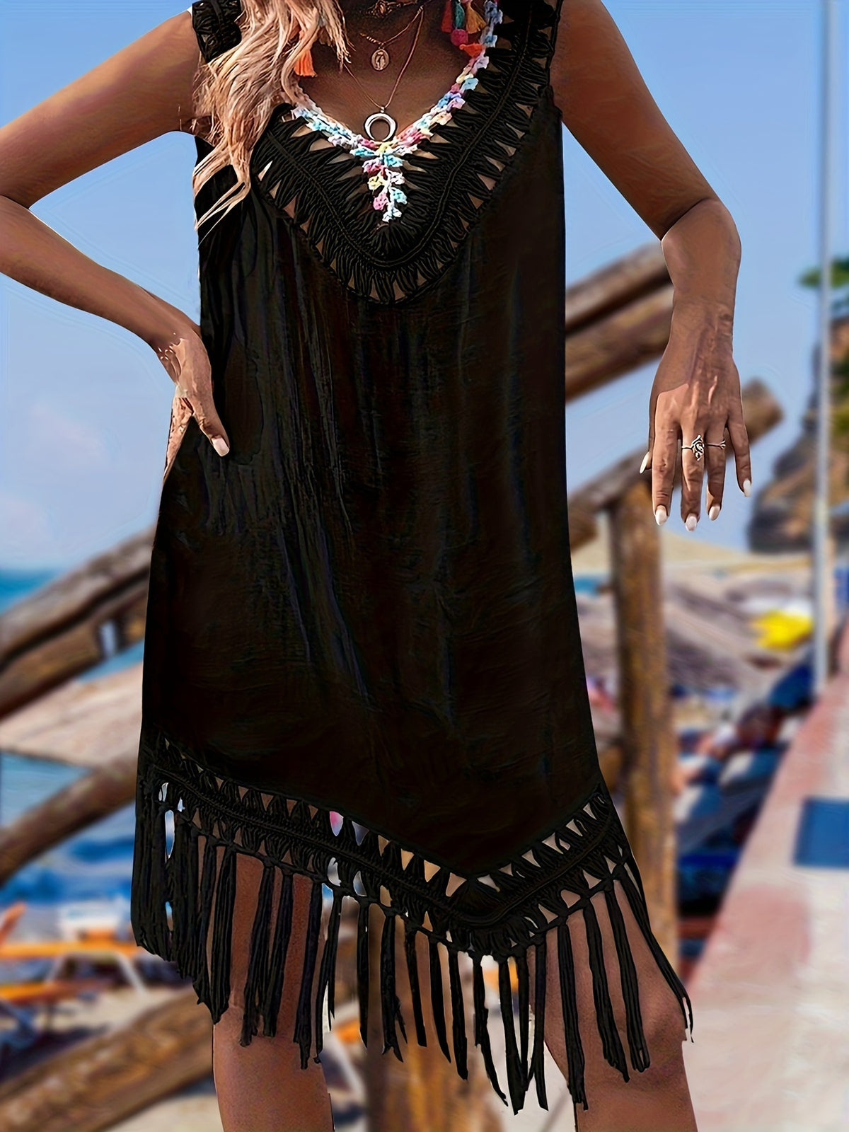 Boho Chic Hollow Out Crochet Backless Cover-Up Dress