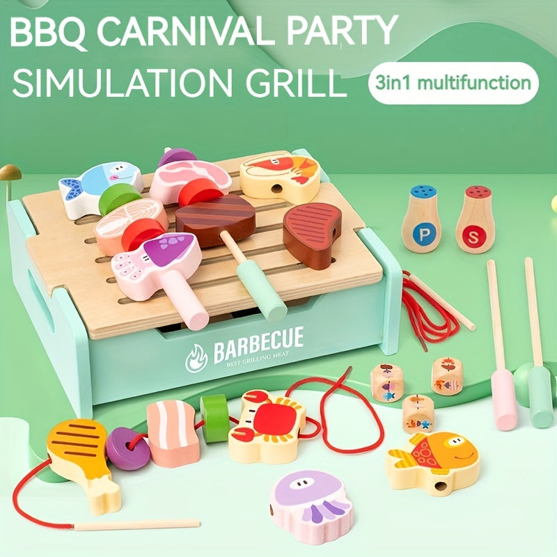 Wooden Deluxe Barbecue Grill &amp; Cooking Toy Set - Includes Seasonings and 2 Ropes 3-in-1 Barbecue Toy