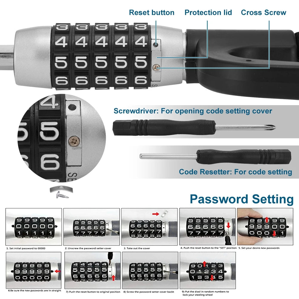 Anti-Theft Car Steering Wheel Lock Vehicle Security Device Password 5 Digit Combination Extendable Double Hook Looking Universal