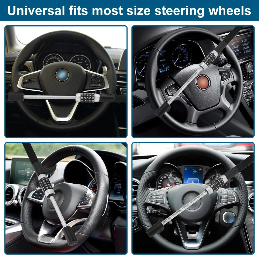 Anti-Theft Car Steering Wheel Lock Vehicle Security Device Password 5 Digit Combination Extendable Double Hook Looking Universal