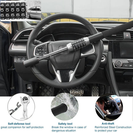 Anti-Theft Car Steering Wheel Lock Vehicle Security Device Password 5 Digit Combination Extendable Double Hook Looking Universal