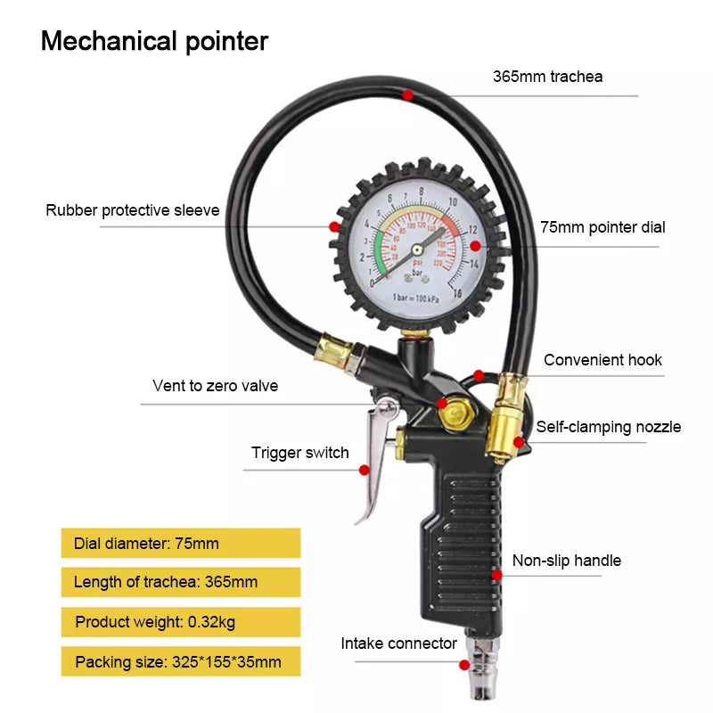 Auto Tire Pressure Gauge Pressure Gauge for Motorcycle Air Compressor Car Motorcycle SUV Inflator Pump Tools 220psi Self-locking