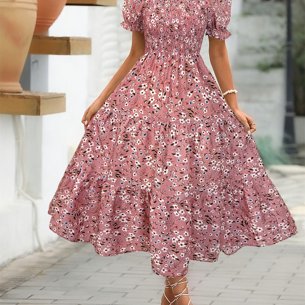 Elegant Floral Print Midi Dress with Ruffle Sleeves and Square Neck Multicolor / XXL