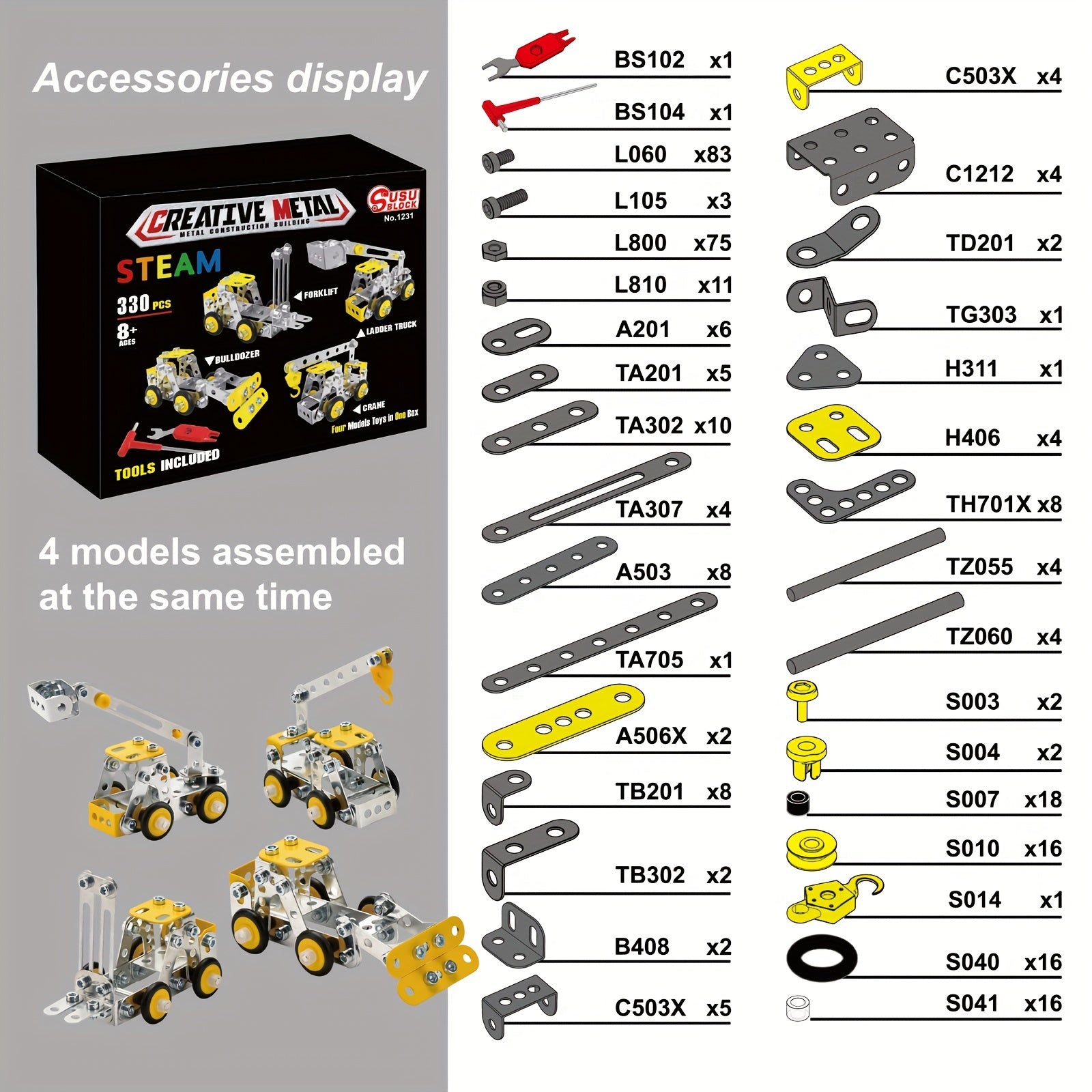 330PCS 4-in-1 Metal Engineering Vehicle Building Blocks Kit for Ages 8+