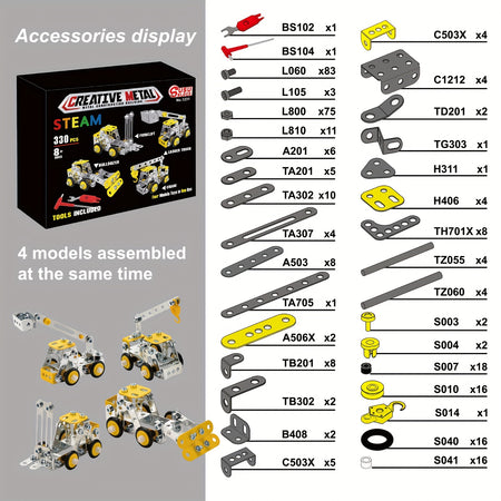 330PCS 4-in-1 Metal Engineering Vehicle Building Blocks Kit for Ages 8+