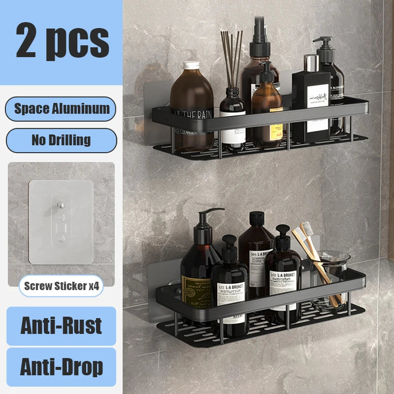Bathroom Shelf Makeup Storage Organizer Aluminum Alloy Shampoo Rack Shower Shelf Bathroom Accessories No Drill Wall Shelf Black 2Square