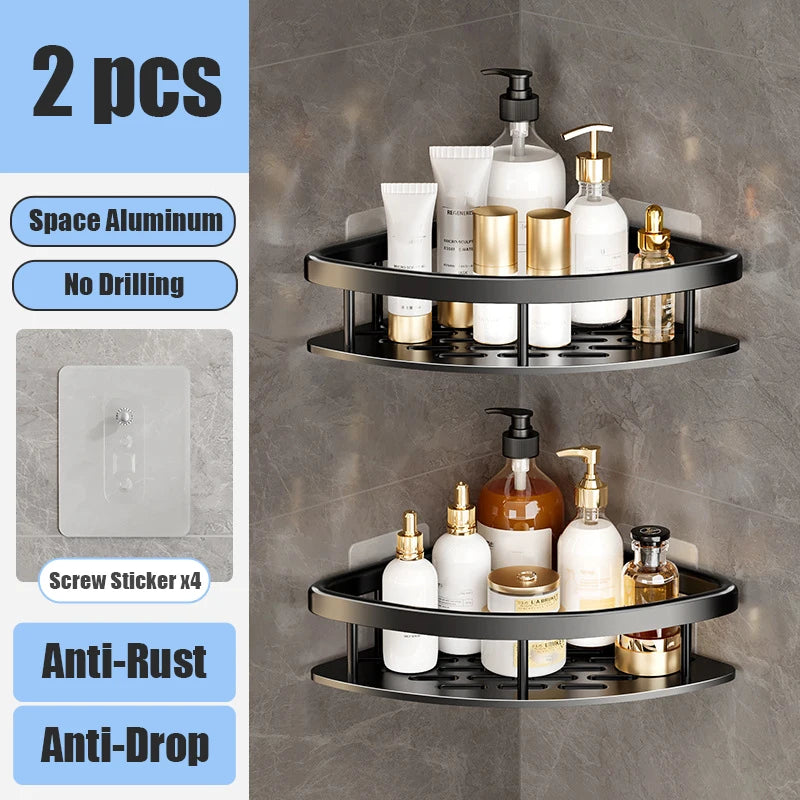 Bathroom Shelf Makeup Storage Organizer Aluminum Alloy Shampoo Rack Shower Shelf Bathroom Accessories No Drill Wall Shelf Black 2Triangle