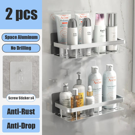 Bathroom Shelf Makeup Storage Organizer Aluminum Alloy Shampoo Rack Shower Shelf Bathroom Accessories No Drill Wall Shelf Silver 2Square