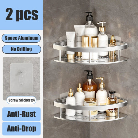 Bathroom Shelf Makeup Storage Organizer Aluminum Alloy Shampoo Rack Shower Shelf Bathroom Accessories No Drill Wall Shelf Silver 2Triangle