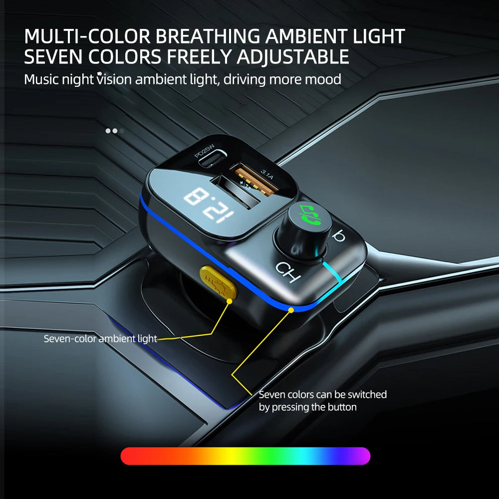 Bluetooth 5.0 Car FM Transmitter with Fast Charge &amp;amp; Colourful Atmosphere Lights