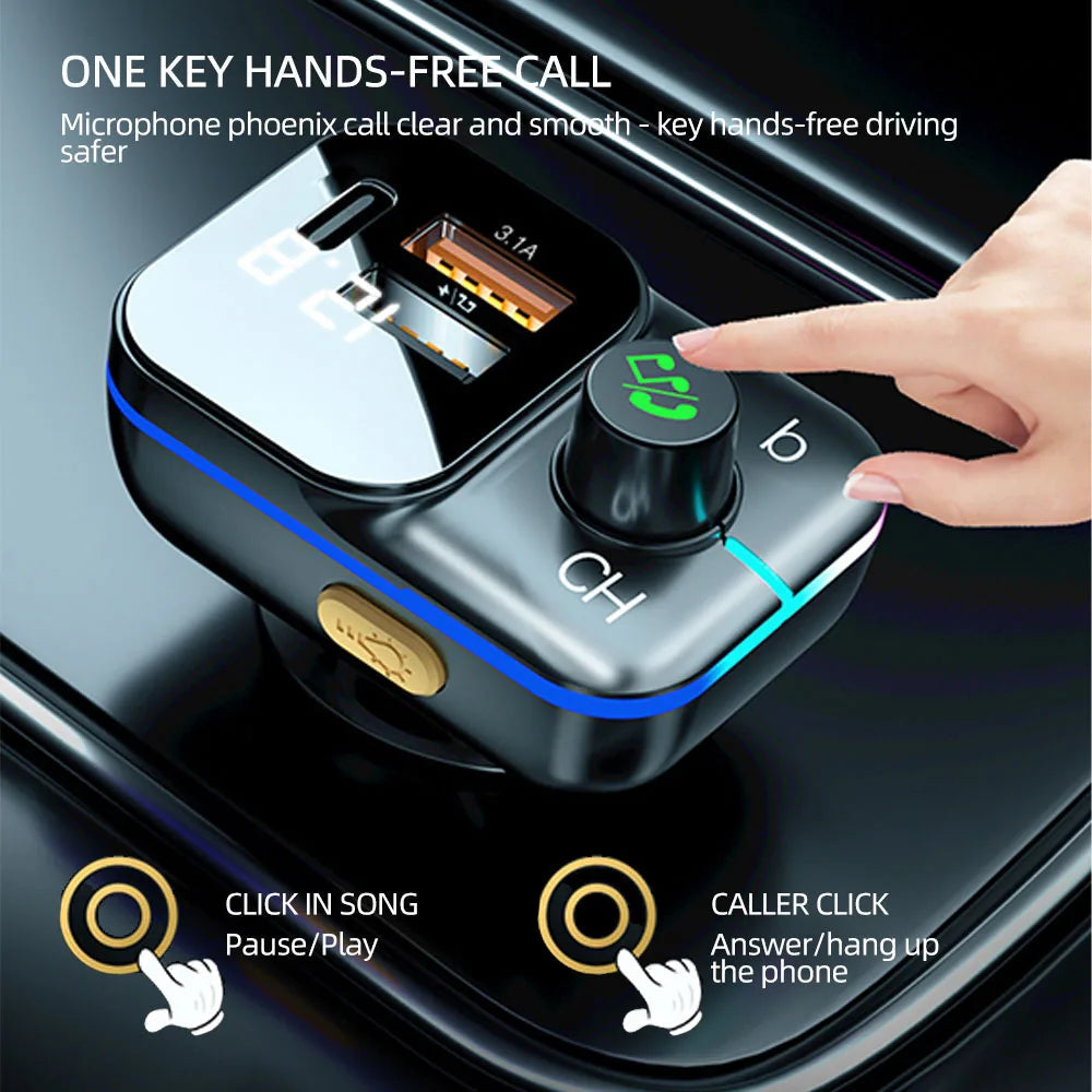 Bluetooth 5.0 Car FM Transmitter with Fast Charge &amp;amp; Colourful Atmosphere Lights