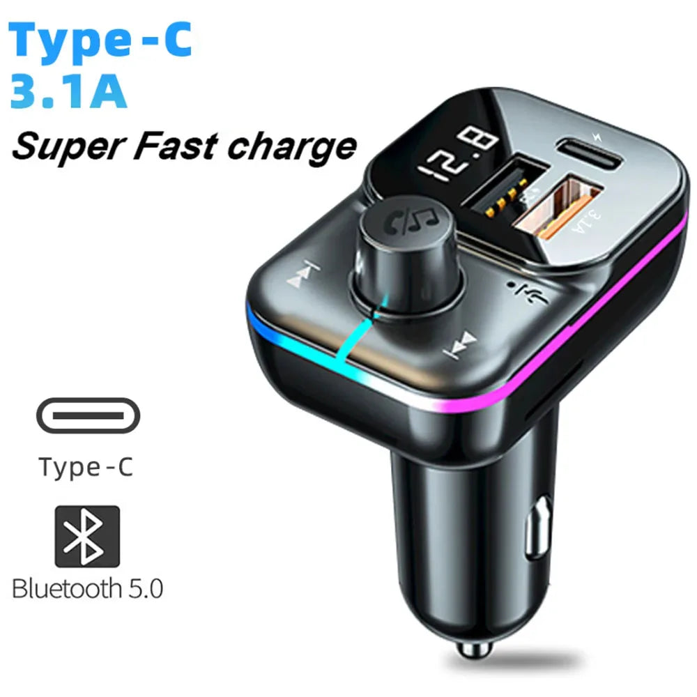 Bluetooth 5.0 Car FM Transmitter with Fast Charge &amp;amp; Colourful Atmosphere Lights C24 / CHINA