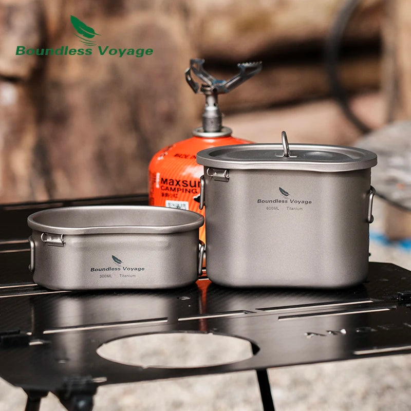 Boundless Voyage Titanium Camping Pot Pan Set with Hanging Ring Lunch Box Portable Bowl Picnic Cookware Cooking Kit for Outdoor