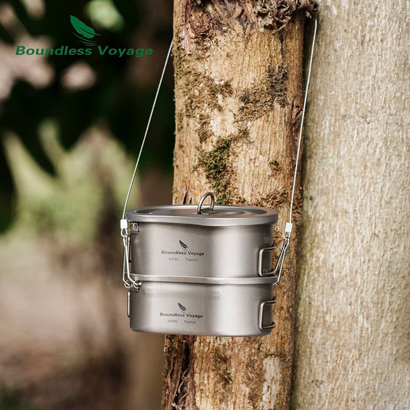 Boundless Voyage Titanium Camping Pot Pan Set with Hanging Ring Lunch Box Portable Bowl Picnic Cookware Cooking Kit for Outdoor