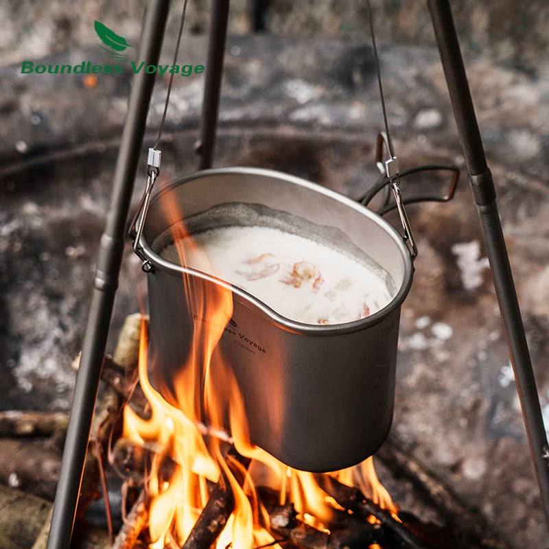 Boundless Voyage Titanium Camping Pot Pan Set with Hanging Ring Lunch Box Portable Bowl Picnic Cookware Cooking Kit for Outdoor