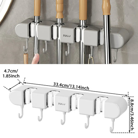 Broom Mop Holder with Hooks Wall Mounted Broom Storage Rack No Drilling Self-Adhesive Kitchens Organizer Multifunction Holder