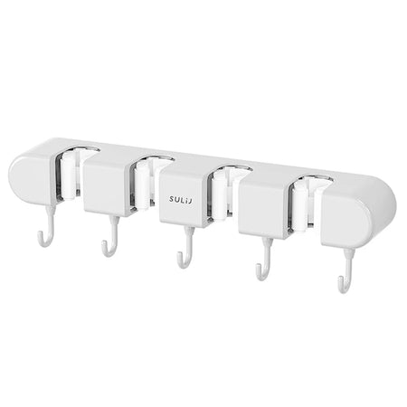 Broom Mop Holder with Hooks Wall Mounted Broom Storage Rack No Drilling Self-Adhesive Kitchens Organizer Multifunction Holder White