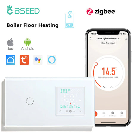 BSEED Boiler Zigbee Thermostat LED Touch Screen Switches - Smart Temperature Controller 1Gang White / Zigbee Thermostat