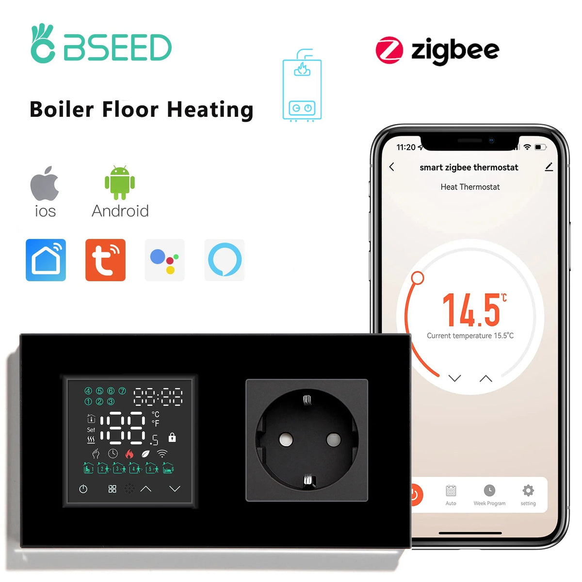 BSEED Boiler Zigbee Thermostat LED Touch Screen Switches - Smart Temperature Controller Socket Black / Zigbee Thermostat
