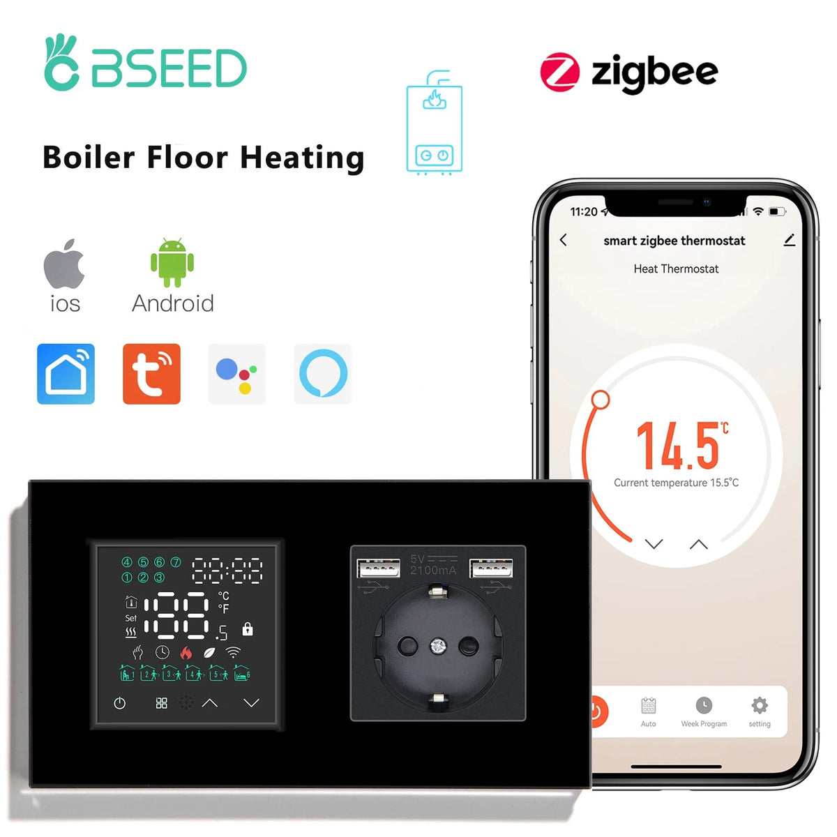 BSEED Boiler Zigbee Thermostat LED Touch Screen Switches - Smart Temperature Controller USB Black / Zigbee Thermostat