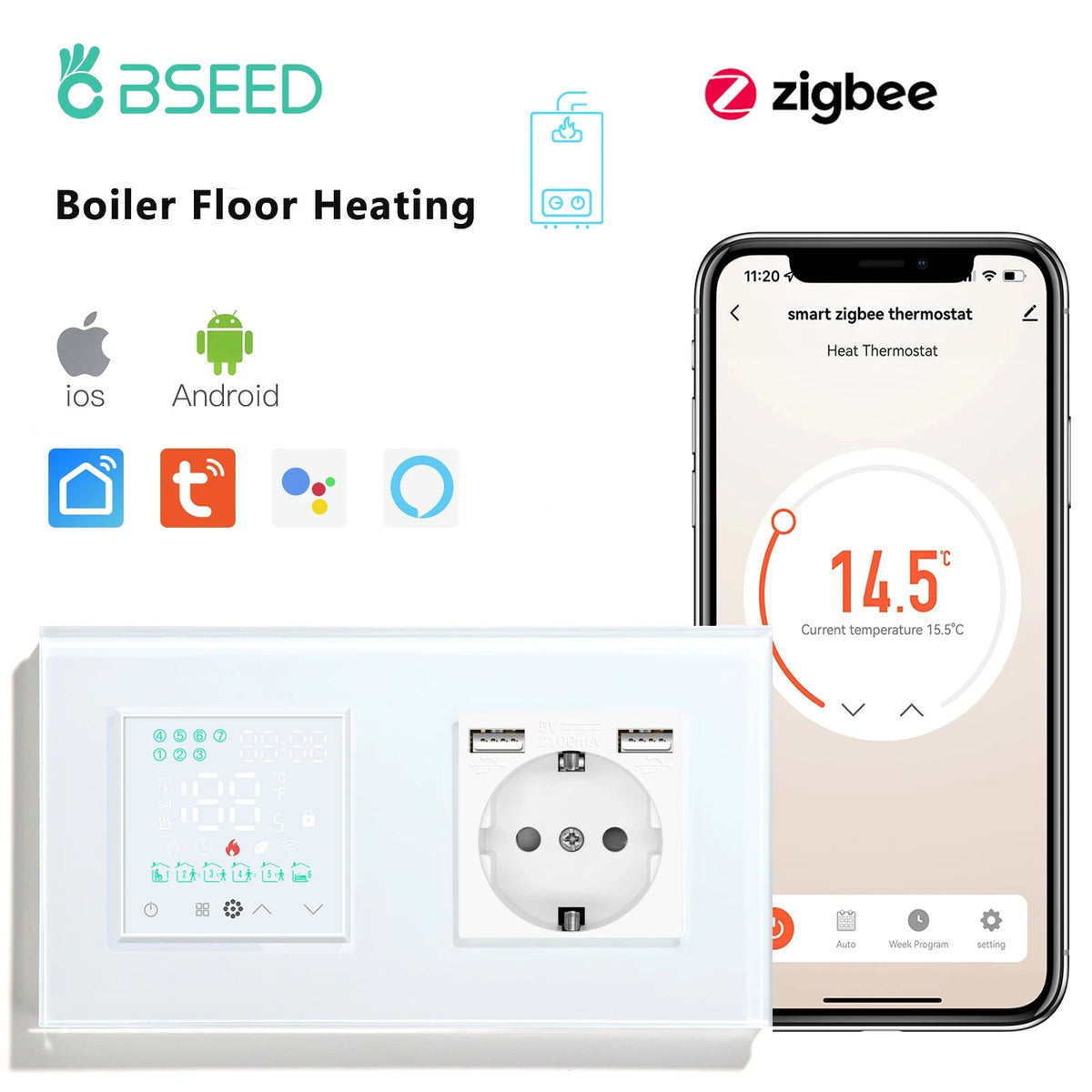 BSEED Boiler Zigbee Thermostat LED Touch Screen Switches - Smart Temperature Controller USB White / Zigbee Thermostat