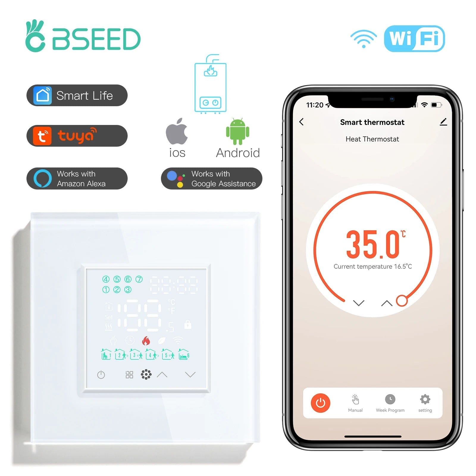 BSEED LED Touch Screen WIFI Electric Floor Heating Water Boiler Room Thermostat Alexa Temperature Controller Backlight Tuya App White Boiler / WIFI Thermostat