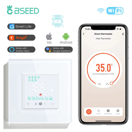 BSEED LED Touch Screen WIFI Electric Floor Heating Water Boiler Room Thermostat Alexa Temperature Controller Backlight Tuya App White Electric / WIFI Thermostat