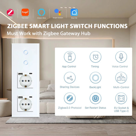 BSEED Zigbee Switches 1/2/3Gang Smart Light Switch EU Wall Sockets Wall Touch Switches Multi-Control Tuya Smart Life APP Alexa