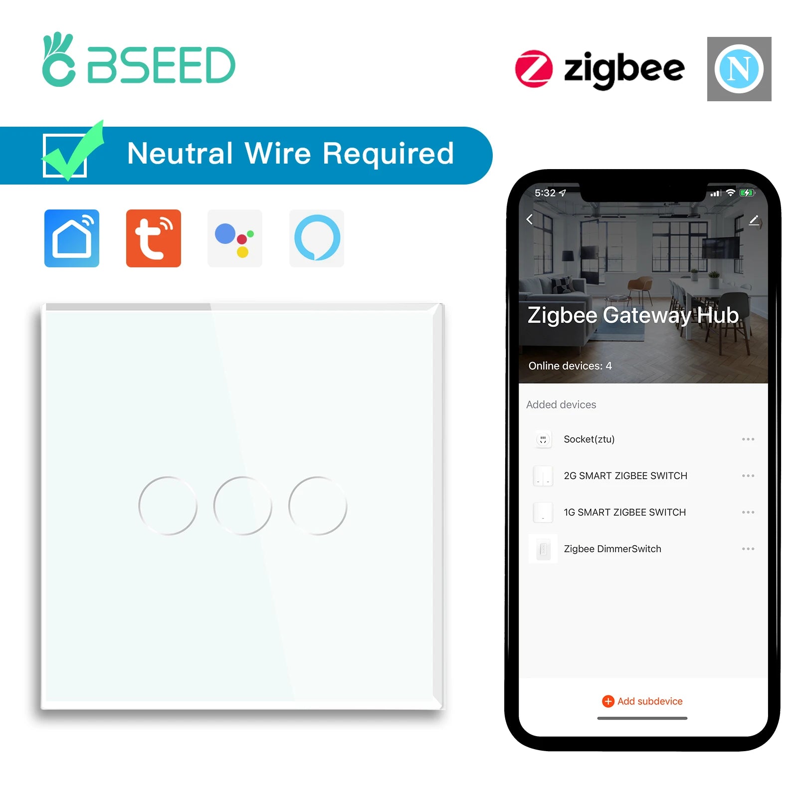 BSEED Zigbee Switches 1/2/3Gang Smart Light Switch EU Wall Sockets Wall Touch Switches Multi-Control Tuya Smart Life APP Alexa