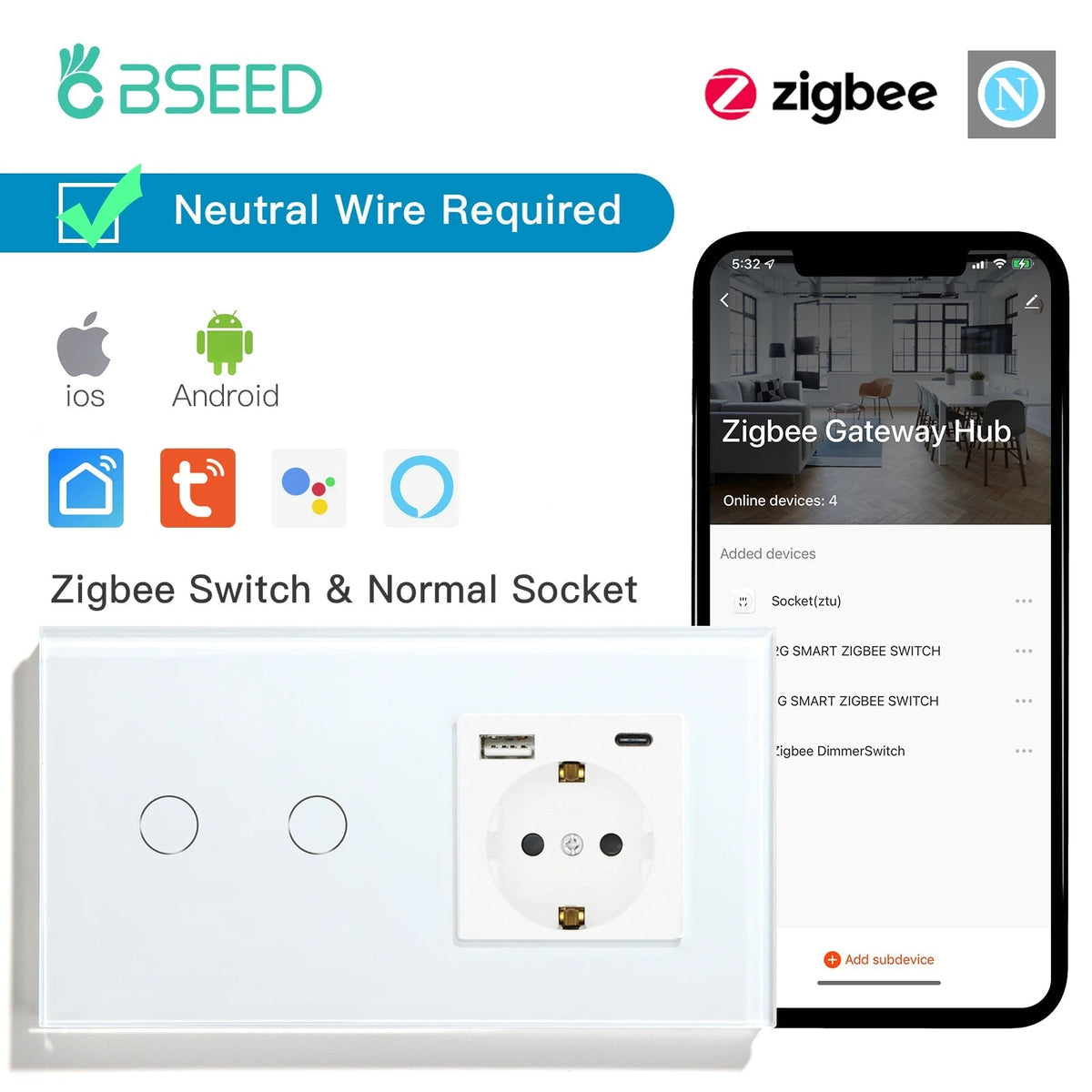 BSEED Zigbee Switches 1/2/3Gang Smart Light Switch EU Wall Sockets Wall Touch Switches Multi-Control Tuya Smart Life APP Alexa