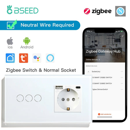 BSEED Zigbee Switches 1/2/3Gang Smart Light Switch EU Wall Sockets Wall Touch Switches Multi-Control Tuya Smart Life APP Alexa