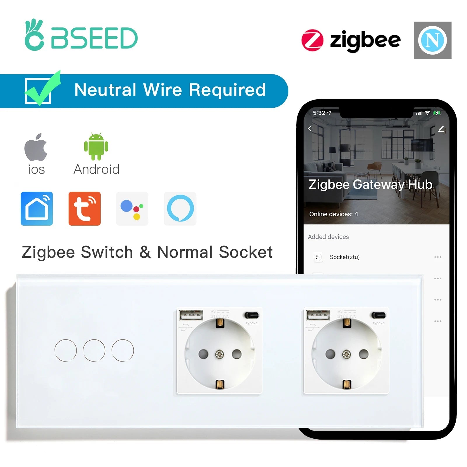 BSEED ZigBee Intelligent wandstopcontact, geaard BSEED ZigBee Intelligent wandstopcontact, geaard