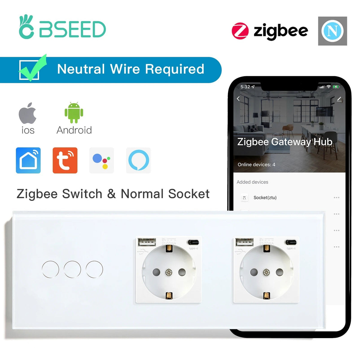 BSEED Zigbee Switches 1/2/3Gang Smart Light Switch EU Wall Sockets Wall Touch Switches Multi-Control Tuya Smart Life APP Alexa