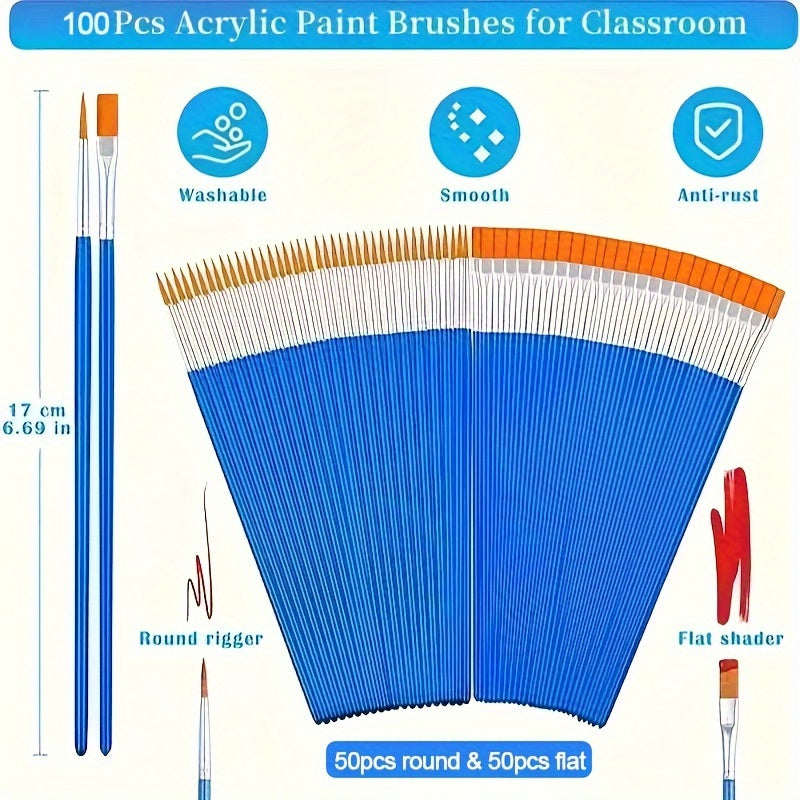 100pcs Flat And Round Tip Paint Brushes Set - Cyprus