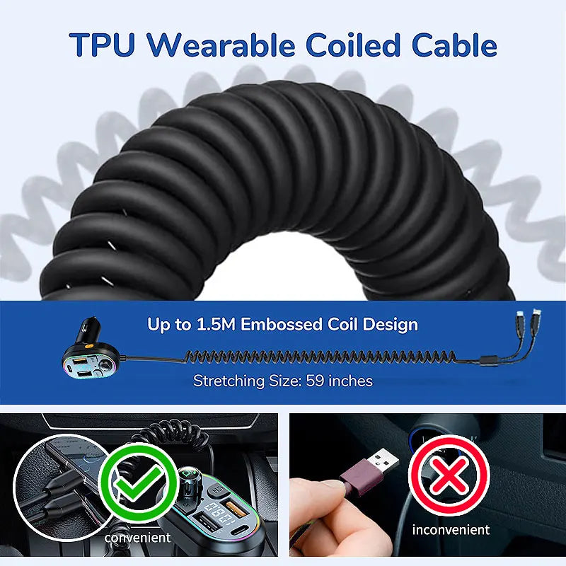 Car Bluetooth 5.0 FM Transmitter Wireless Audio Receiver Car MP3 Player 25W PD Fast Charge With Apple Type-C Port Charging Cable