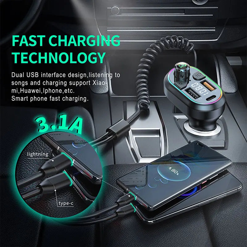 Car Bluetooth 5.0 FM Transmitter Wireless Audio Receiver Car MP3 Player 25W PD Fast Charge With Apple Type-C Port Charging Cable