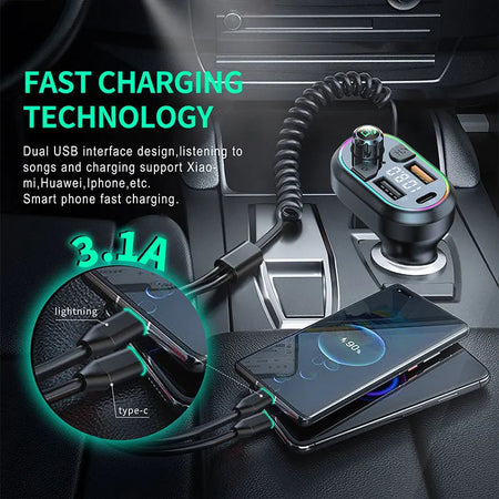 Car Bluetooth 5.0 FM Transmitter Wireless Audio Receiver Car MP3 Player 25W PD Fast Charge With Apple Type-C Port Charging Cable