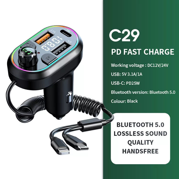 Car Bluetooth 5.0 FM Transmitter Wireless Audio Receiver Car MP3 Player 25W PD Fast Charge With Apple Type-C Port Charging Cable