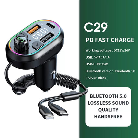 Car Bluetooth 5.0 FM Transmitter Wireless Audio Receiver Car MP3 Player 25W PD Fast Charge With Apple Type-C Port Charging Cable