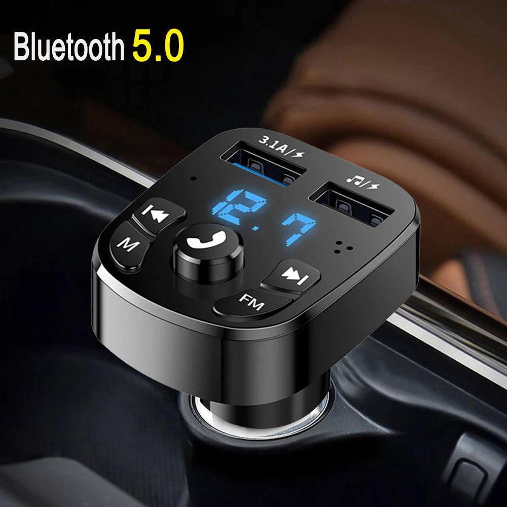 Car Bluetooth 5.0 FM Transmitter with Dual USB Charger &amp;amp; Hands-Free Calls A